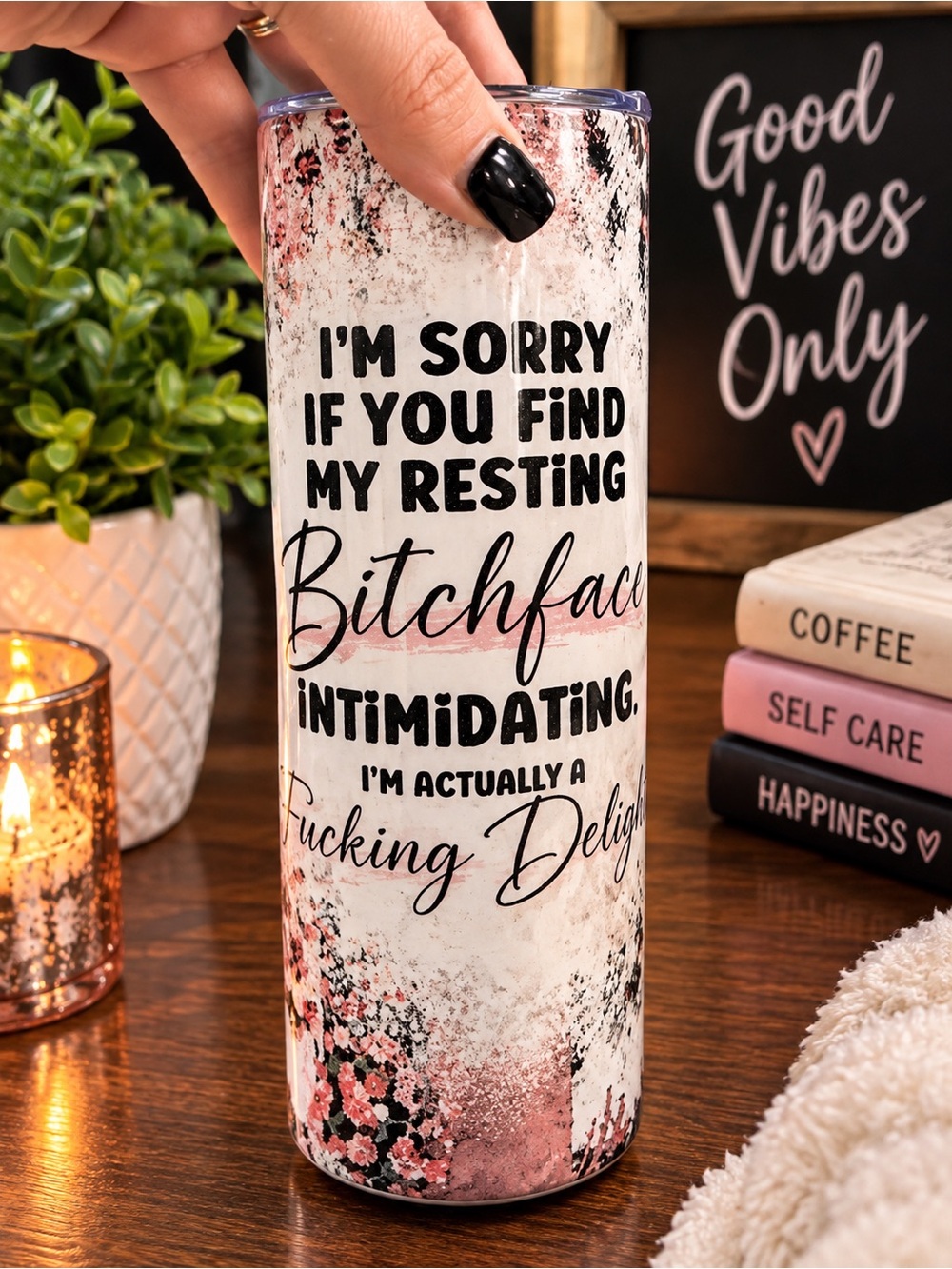 Insulated Travel Tumbler - Pink Floral "Resting Bitchface"